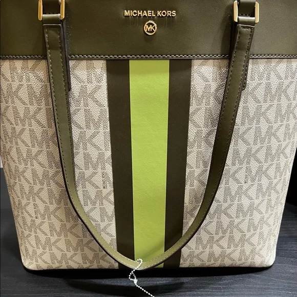 NWOT Michael Kors Center Stripe Morgan Large Tote Olive Multi - Picture 7 of 15